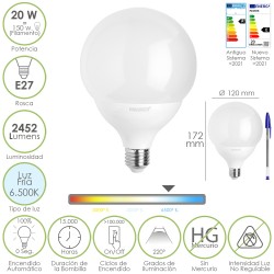 Bombilla Led Globo E27. 20 Watt. Equivale A 150 Watt. 2452 Lumenes. Luz Fria 6500º K. MAURER