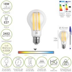 Bombilla Led Filamento Standar Rosca E27. 18 Watt. Equivale A 130 Watt. 2462 Lumenes. Luz Neutra 4000º K. MAURER