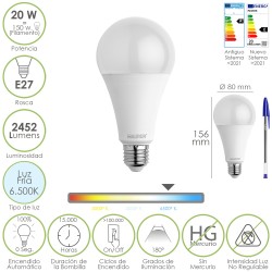 Bombilla Led Estandar Rosca E27. 20 Watt. Equivale A 150 Watt. 2452 Lumenes. Luz Fria (6500º K.) MAURER