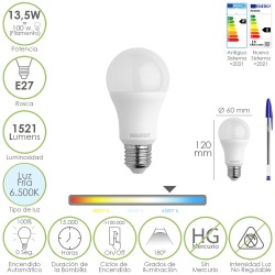 Bombilla Led Estandar Rosca E27. 13,5 Watt. Equivale A 100 Watt. 1521 Lumenes. Luz Fría (6500º K.) MAURER