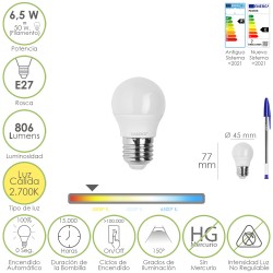 Bombilla Led Esfera Rosca E27. 6.5 Watt. Equivale A 50 Watt. 806 Lumenes. Luz Calida 3000º K. MAURER