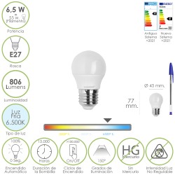 Bombilla Led Esfera Rosca E27. 6.5 Watt. Equivale A 55 Watt. 806 Lumenes. Luz Fría 6500º K. MAURER