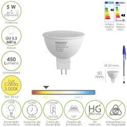 Bombilla Led Dicroica Rosca GU 5.3 / MR16. 5 Watt. Equivale A 40 Watt. 405 Lumenes. Luz Cálida (3000º K.) MAURER
