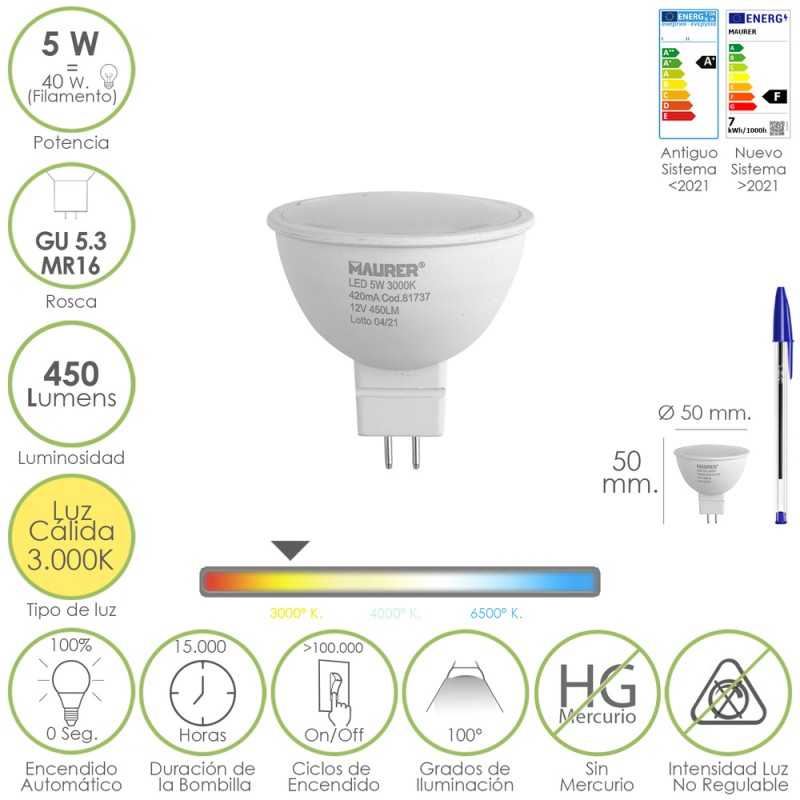 Bombilla Led Dicroica Rosca GU 5.3 / MR16. 5 Watt. Equivale A 40 Watt. 405 Lumenes. Luz Cálida (3000º K.) MAURER