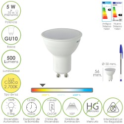 Bombilla Led Dicroica Rosca GU10. 5 Watt. Equivale A 30 Watt. 500 Lumenes. Luz Cálida (2700º K) MAURER
