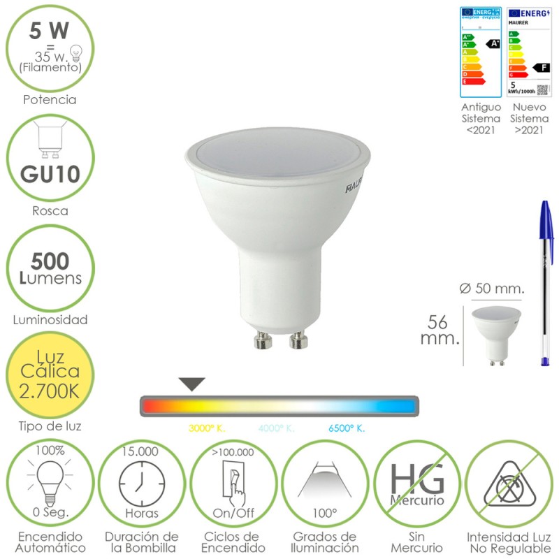 Bombilla Led Dicroica Rosca GU10. 5 Watt. Equivale A 30 Watt. 500 Lumenes. Luz Cálida (2700º K) MAURER