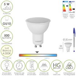 Bombilla Led Dicroica Rosca GU10. 5 Watt. Equivale A 35 Watt. 500 Lumenes. Luz Neutra 4000º K MAURER