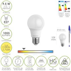 Bombilla Led Estandar Rosca E27. 9.5 Watt. Equivale A 75 Watt. 1055 Lumenes. Luz Cálida (2700º K) MAURER