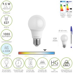 Bombilla Led Estandar Rosca E27. 9.5 Watt. Equivale A 75 Watt. 1055 Lumenes. Luz Fría (6500º K.) MAURER