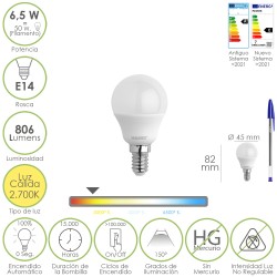 Bombilla Led Esfera Rosca E14. 6.5 Watt. Equivale A 50 Watt. 806 Lumenes. Luz Calida 2700º K. MAURER