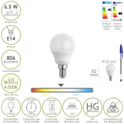 Bombilla Led Esfera Rosca E14. 6.5 Watt. Equivale A 50 Watt. 806 Lumenes. Luz Neutra 4000º K. MAURER