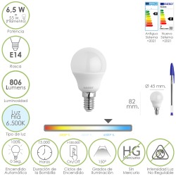 Bombilla Led Esfera Rosca E14. 6.5 Watt. Equivale A 55 Watt. 806 Lumenes. Luz Fría 6500º K. MAURER