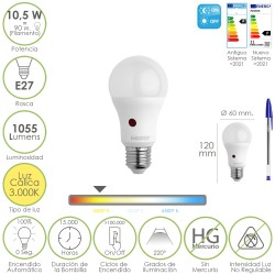 Bombilla Led Esfera Con Sensor Crepuscular. Rosca E27. 10.5 Watt. Equivale A 90 Watt. 1055 Lumenes. Luz Calida 3000º K. MAURER