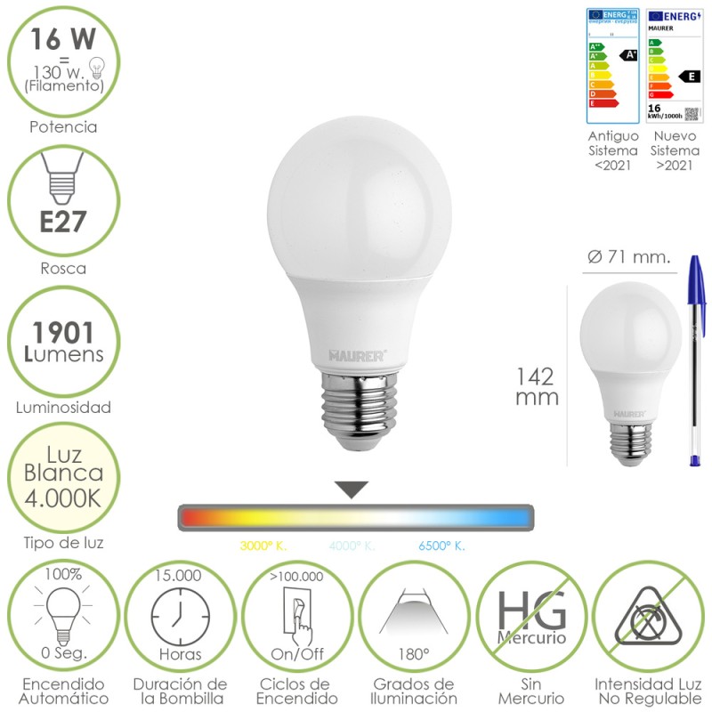 Bombilla Led Estandar Rosca E27. 16 Watt. Equivale A 130 Watt. 1901 Lumenes. Luz Blanca 4000º K.) MAURER
