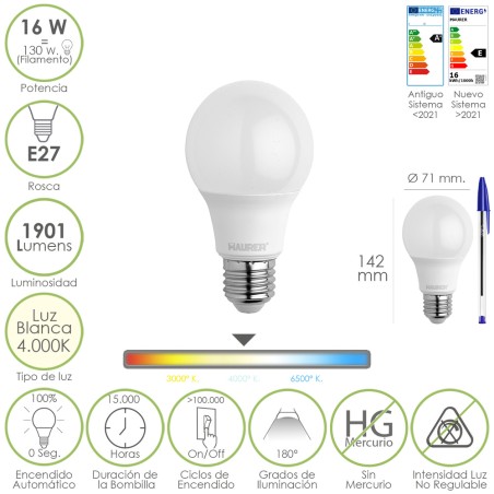 Bombilla Led Estandar Rosca E27. 16 Watt. Equivale A 130 Watt. 1901 Lumenes. Luz Blanca 4000º K.) MAURER