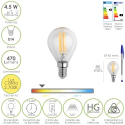 Bombilla Led Filamento Esfera Rosca E14. 4,5 Watt. Equivale A 40 Watt. 470 Lumenes. Luz Cálida (2700º K.) MAURER