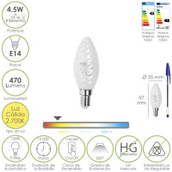 Bombilla Led Filamento Vela Esmerilada E14. 4,5 Watt. Equivale A 35 Watt. 470 Lumenes. Luz Calida 2700º K. MAURER