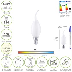 Bombilla Led Filamento Vela Llama Esmerilada E14. 4,5 Watt. Equivale A 35 Watt. 470 Lumenes. Luz Neutra 4000º K. MAURER