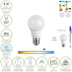 Bombilla Led Estandar Rosca E27. 8 Watt. Equivale A 65 Watt. 806 Lumenes. Luz Fría (6500º K.) MAURER