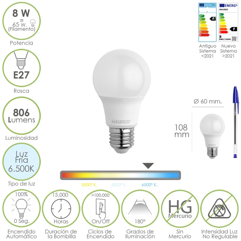 Bombilla Led Estandar Rosca E27. 8 Watt. Equivale A 65 Watt. 806 Lumenes. Luz Fría (6500º K.) MAURER