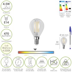 Bombilla Led Filamento Esfera Rosca E14. 4,5 Watt. Equivale A 35 Watt. 470 Lumenes. Luz Neutra 4000º K. MAURER