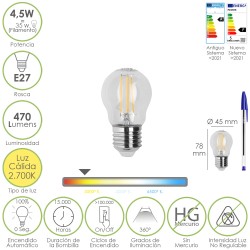 Bombilla Led Filamento Esfera Rosca E27. 4,5 Watt. Equivale A 35 Watt. 470 Lumenes. Luz Calida 2700º K. MAURER