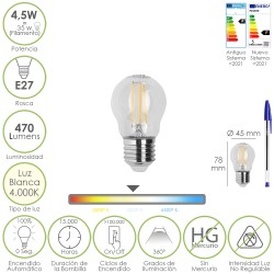 Bombilla Led Filamento Esfera Rosca E27. 4,5 Watt. Equivale A 35 Watt. 470 Lumenes. Luz Neutra 4000º K. MAURER
