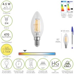 Bombilla Led Filamento Vela Rosca E14. 4,5 Watt. Equivale A 40 Watt. 470 Lumenes. Luz Cálida (2700º K.) MAURER