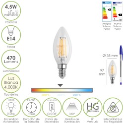 Bombilla Led Filamento Vela Rosca E14. 4,5 Watt. Equivale A 35 Watt. 470 Lumenes. Luz Neutra 4000º K. MAURER