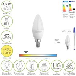 Bombilla Led Vela Rosca E14. 4,5 Watt. Equivale A 35 Watt. 470 Lumenes. Luz Cálida (2700º K) MAURER