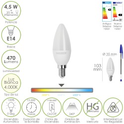 Bombilla Led Vela Rosca E14. 4,5 Watt. Equivale A 35 Watt. 470 Lumenes. Luz Neutra (4000º K.) MAURER