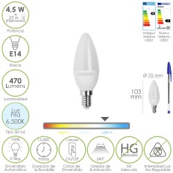 Bombilla Led Vela Rosca E14. 4,5 Watt. Equivale A 35 Watt. 470 Lumenes. Luz Fira (6500º K.) MAURER