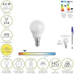 Bombilla Led Esferica Rosca E14 4.5 Watt. Equivale A 35 Watt. 470 Lumenes. Luz Cálida (00º K) MAURER