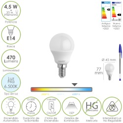Bombilla Led Esferica Rosca E14 4.5 Watt. Equivale A 35 Watt. 470 Lumenes. Luz Fria (6500º K) MAURER