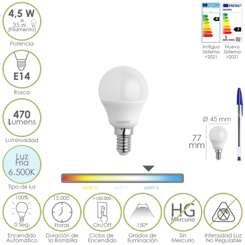 Bombilla Led Esferica Rosca E14 4.5 Watt. Equivale A 35 Watt. 470 Lumenes. Luz Fria (6500º K) MAURER