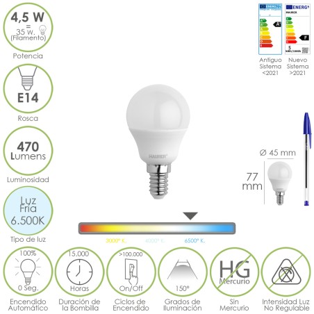 Bombilla Led Esferica Rosca E14 4.5 Watt. Equivale A 35 Watt. 470 Lumenes. Luz Fria (6500º K) MAURER