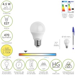 Bombilla Led Esferica Rosca E27 4.5 Watt. Equivale A 55 Watt. 470 Lumenes. Luz Cálida (2700º K.) MAURER
