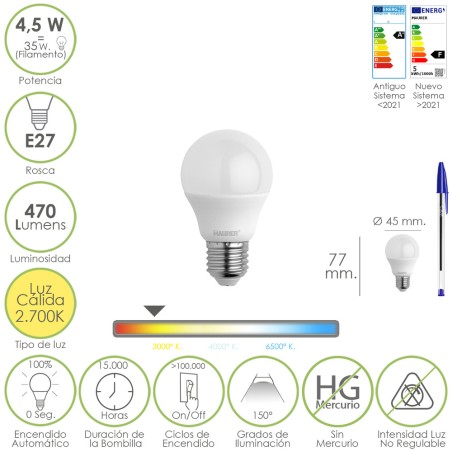 Bombilla Led Esferica Rosca E27 4.5 Watt. Equivale A 55 Watt. 470 Lumenes. Luz Cálida (2700º K.) MAURER