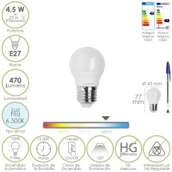 Bombilla Led Esferica Rosca E27 4.5 Watt. Equivale A 55 Watt. 470 Lumenes. Luz Fria (6500º K) MAURER