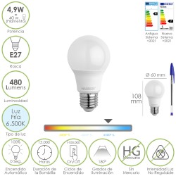 Bombilla Led Estandar Rosca E27. 4.9 Watt. Equivale A 40 Watt. 480 Lumenes. Luz Fria (6500º K.) MAURER