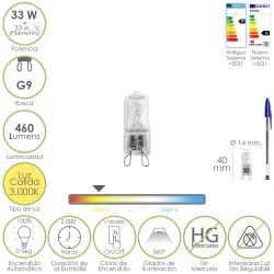 Bombilla Halogena G-9 33 W. 460 lumenes. Luz cálida (3.000ºK) MAURER