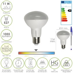 Bombilla Led Standar Rosca E27 (Gorda) 11 Watt. Equivale a 75 Watt. 1055 Lumenes. Luz Blanca (4.000º K) A+ MAURER