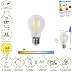 Bombilla Led Filamento Standar Rosca E27. 10 Watt. Equivale A 80 Watt. 1521 Lumenes. Luz Calida 2700º K. MAURER