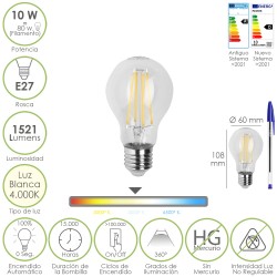 Bombilla Led Filamento Standar Rosca E27. 10 Watt. Equivale A 80 Watt. 1521 Lumenes. Luz Neutra 4000º K. MAURER