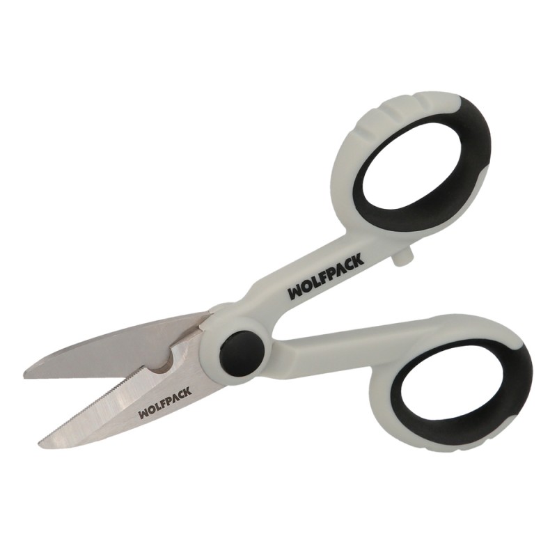 Tijeras Electricista 140 mm. Mango TPR No tension. Hojas Acero Inoxidable, Ergonomicas, Tijeras Cortar Cable, Pelacables WOLFPA