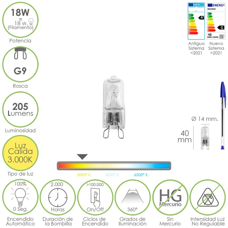 Bombilla Halogena G-9. 18 W. 205 lumenes. Luz cálida (3.000º K) MAURER