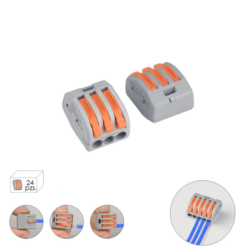 Regleta Conexion Rapida, Conexion Electrica 3 polos, 4mmØ, 24 unidades. WOLFPACK LINEA PROFESIONAL