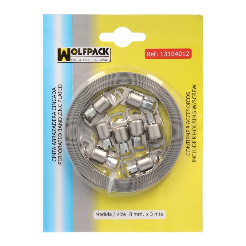 Cinta Abrazadera cortar Zincada 8 mm. x 3 m. con 8 tornillos Abrazadera Metalica de Tornillo,Abrazadera Sin Fin WOLFPACK LINEA