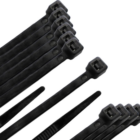 Brida Nylon 100%. Color Negro 4,5 x 200 mm. Bolsa 100 unidades. Abrazadera Plastico, Organizador Cables, Alta Resistencia WOLFP