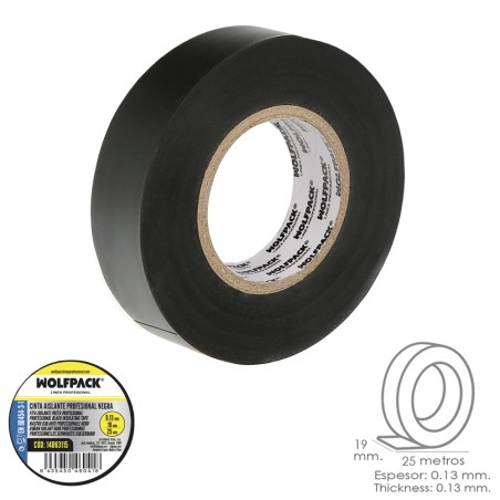 Cinta Aislante Profesional Negra Espesor 0.13 mm. Ancho 19 mm. Rollo 25 Metros Cinta Electricista, Cinta Aislante Cables WOLFPA